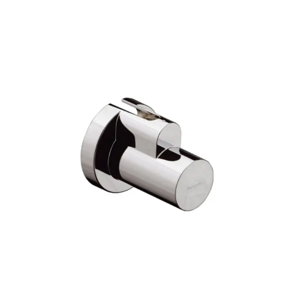 Chromfarbener Wasseranschluss von Hansgrohe, zylindrischer Form mit Hebel. Geeignet für die Wandmontage im Badezimmer oder in der Dusche.